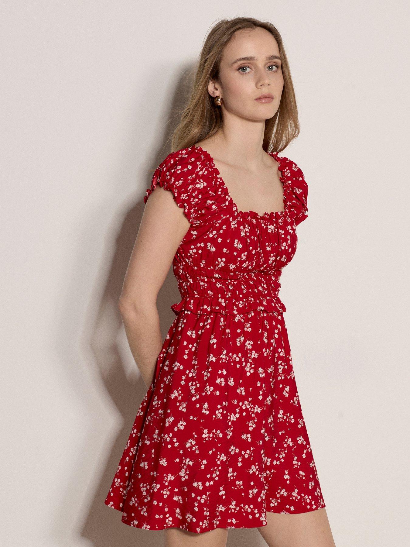 Apricot Printed Ruffle Detail Dress - Red