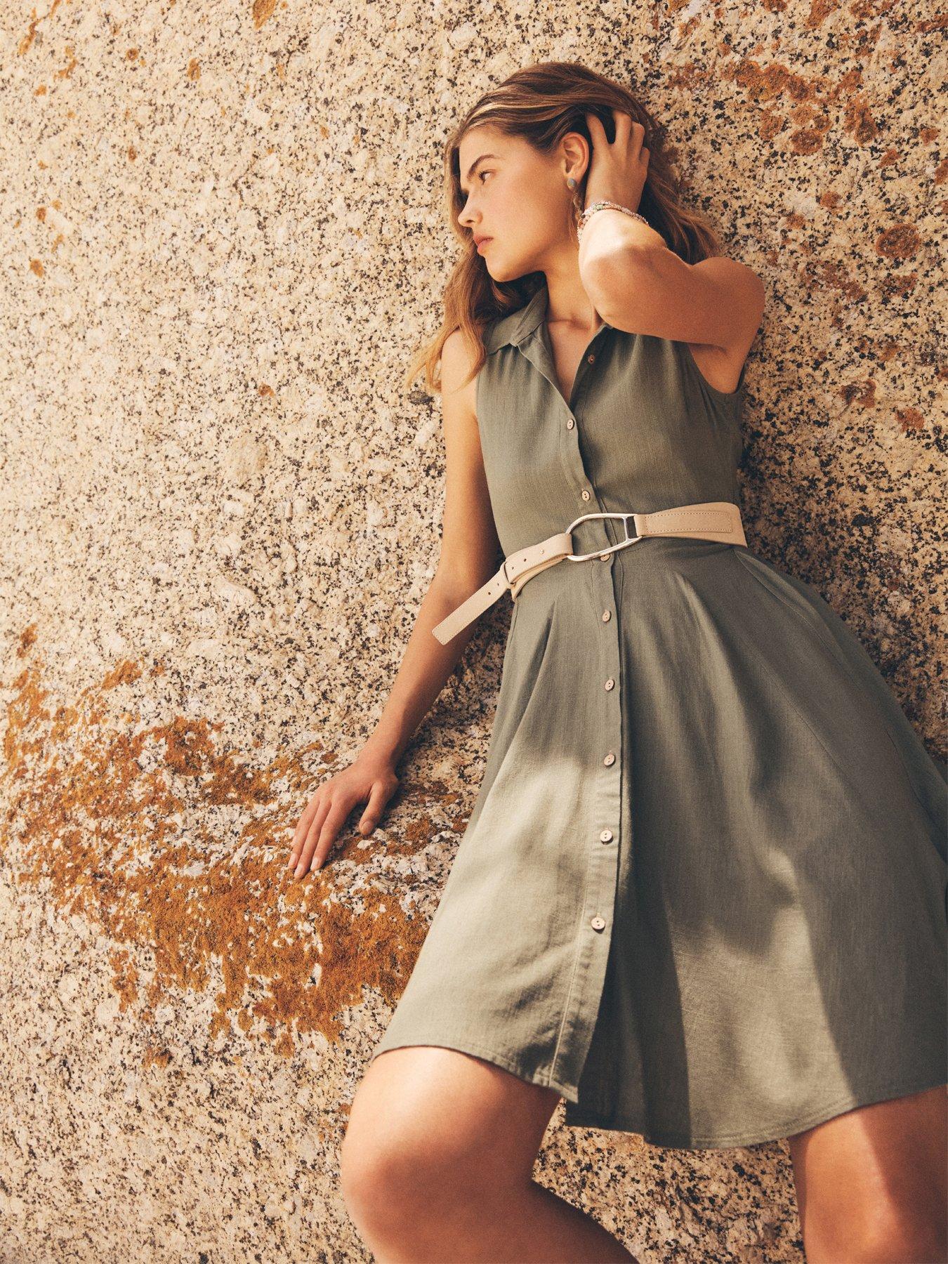 Apricot Linen Mix S/less Shirt Dress With Panel Skirt