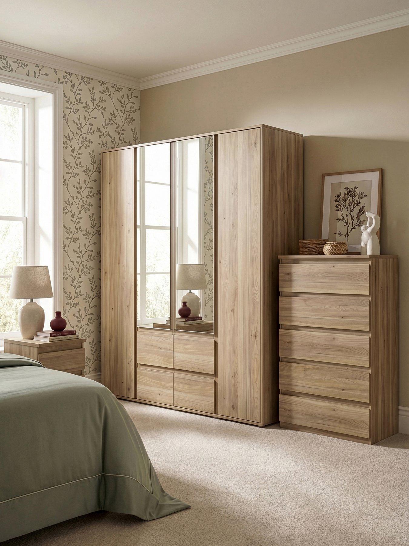 The Very Collection Lisson 3 Piece Package - 4 Door Mirrored Multi Wardrobe, 5 Drawer Chest and 2 Drawer Bedside Chest - New Oak
