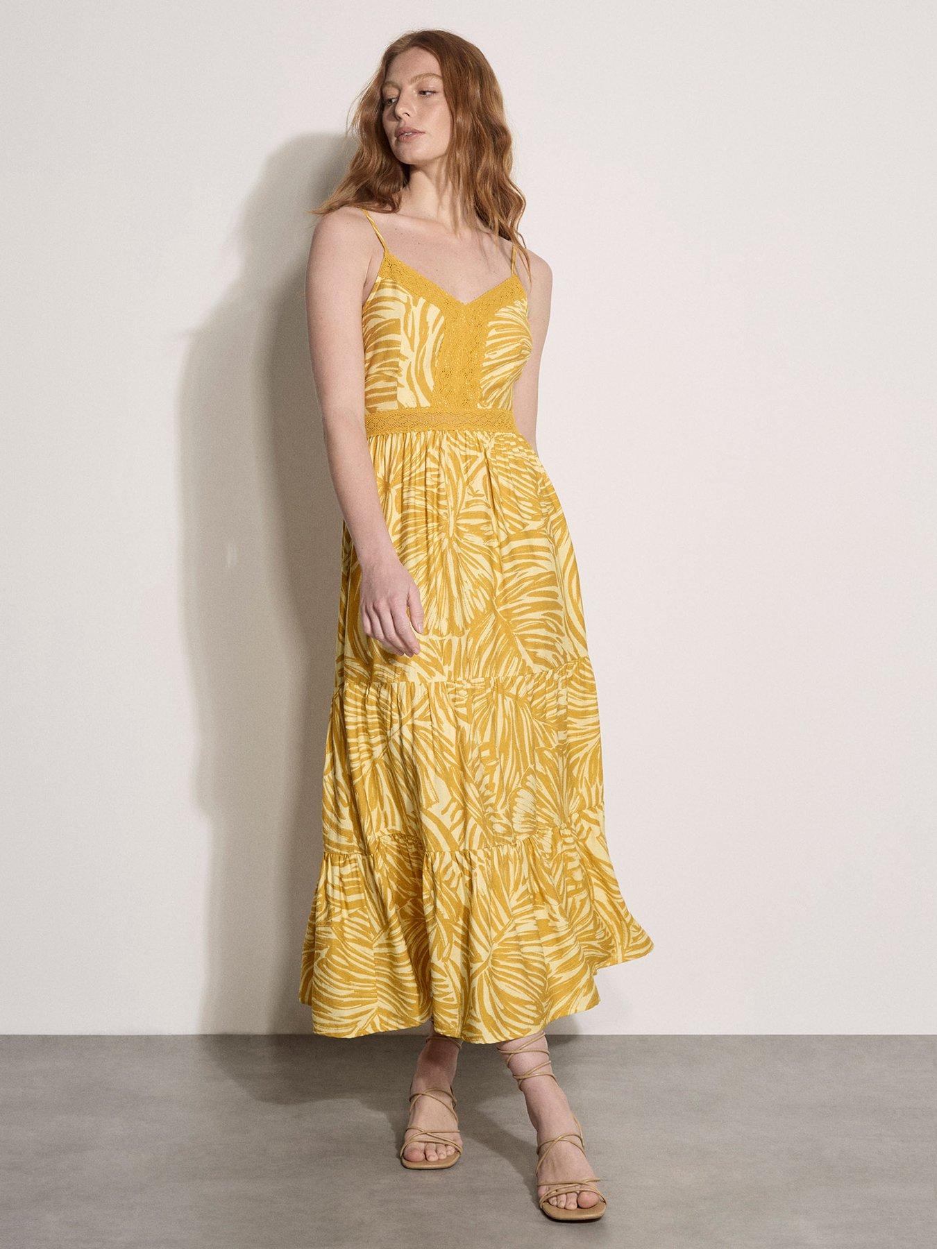 Apricot Leaf Print Tiered Maxi Dress - Yellow