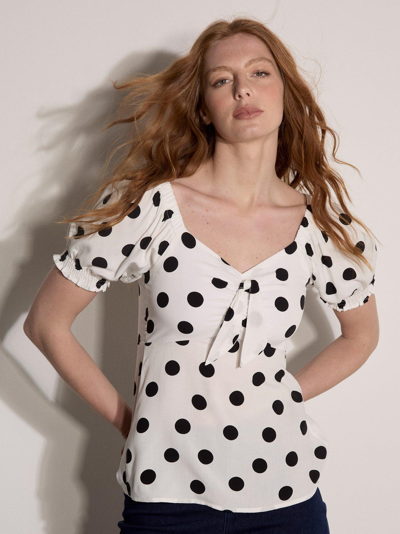Apricot Bold Polka Dot Tie Front Milkmaid Top - White