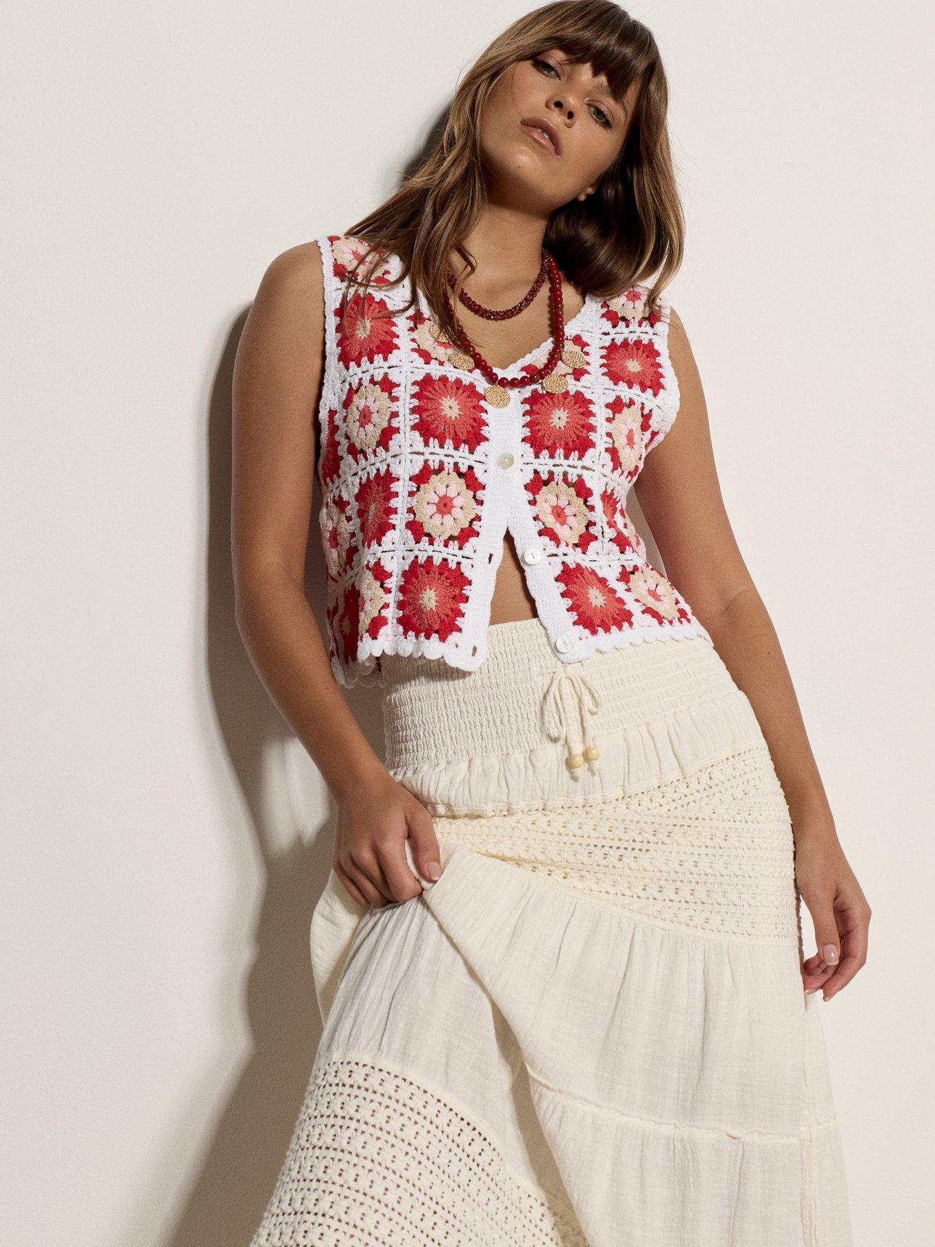 Apricot Crochet Detail Tiered Skirt - Cream