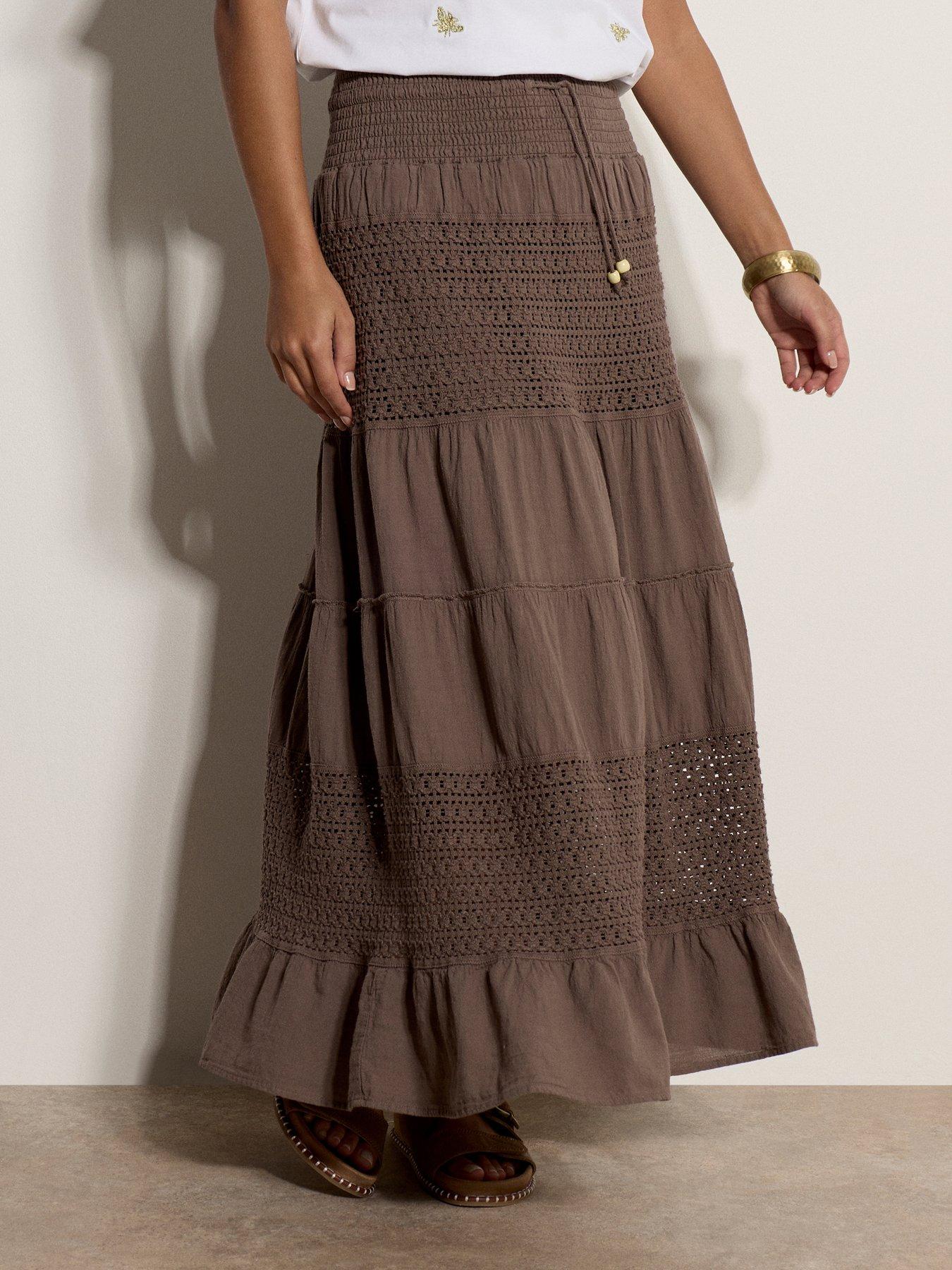 Apricot Crochet Detail Tiered Skirt - Stone
