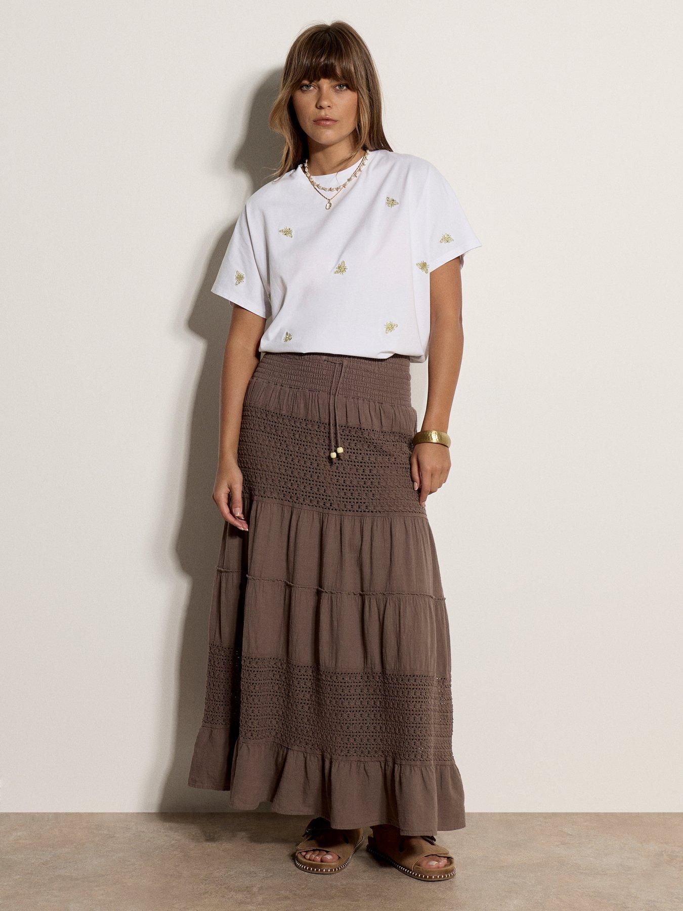 Image 3 of 4 of Apricot Crochet Detail Tiered Skirt - Stone