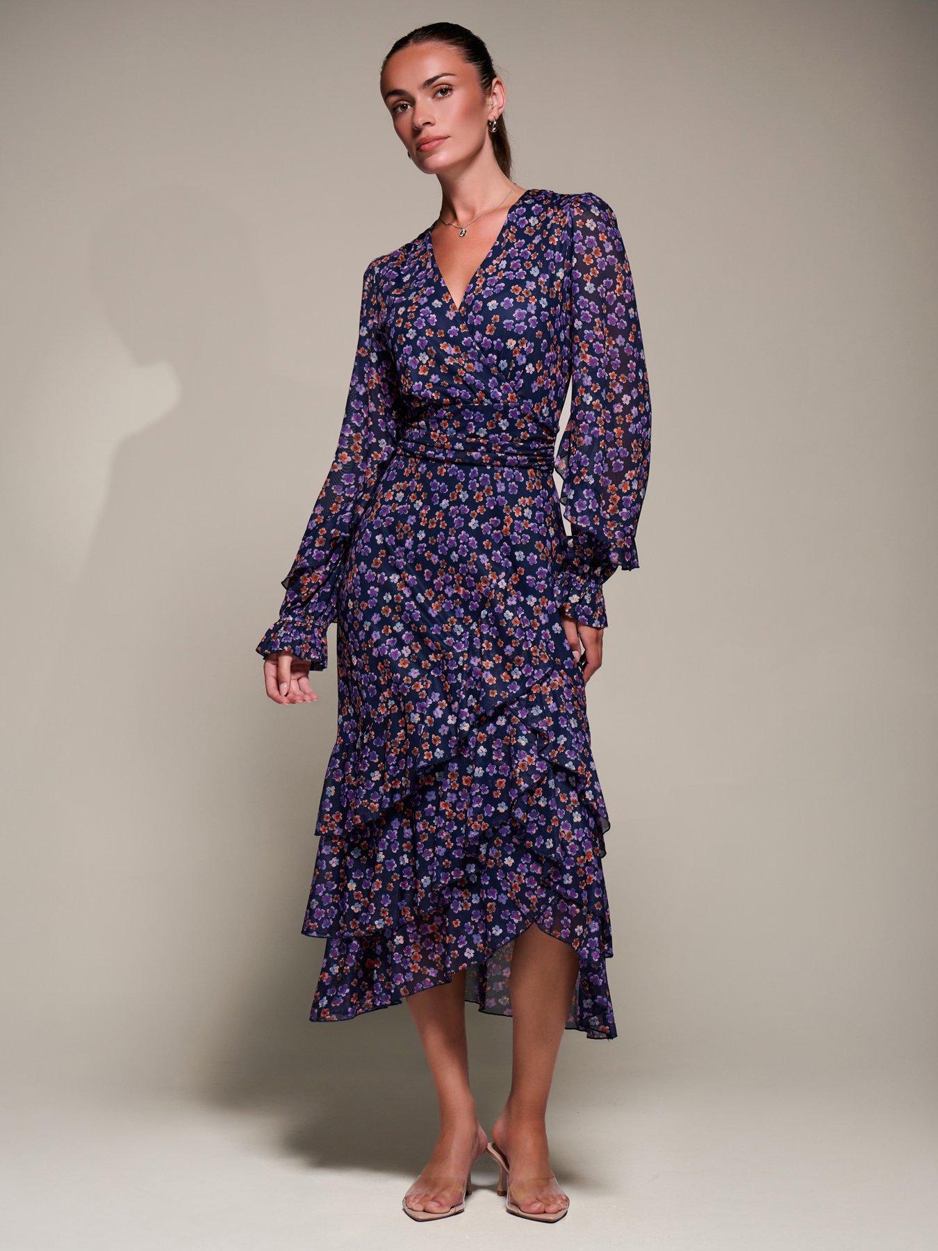 Jolie Moi Long Sleeve Frill Detail Mesh Maxi Dress - Navy