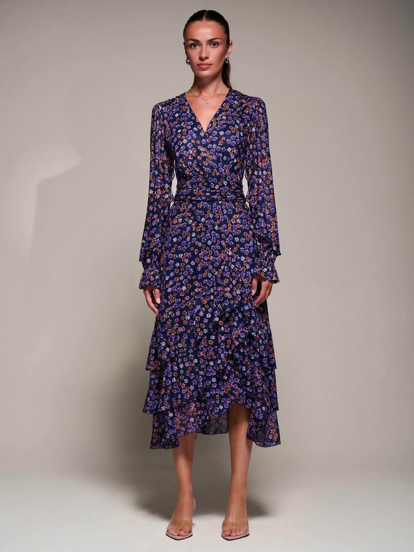 Image 3 of 7 of Jolie Moi Long Sleeve Frill Detail Mesh Maxi Dress - Navy