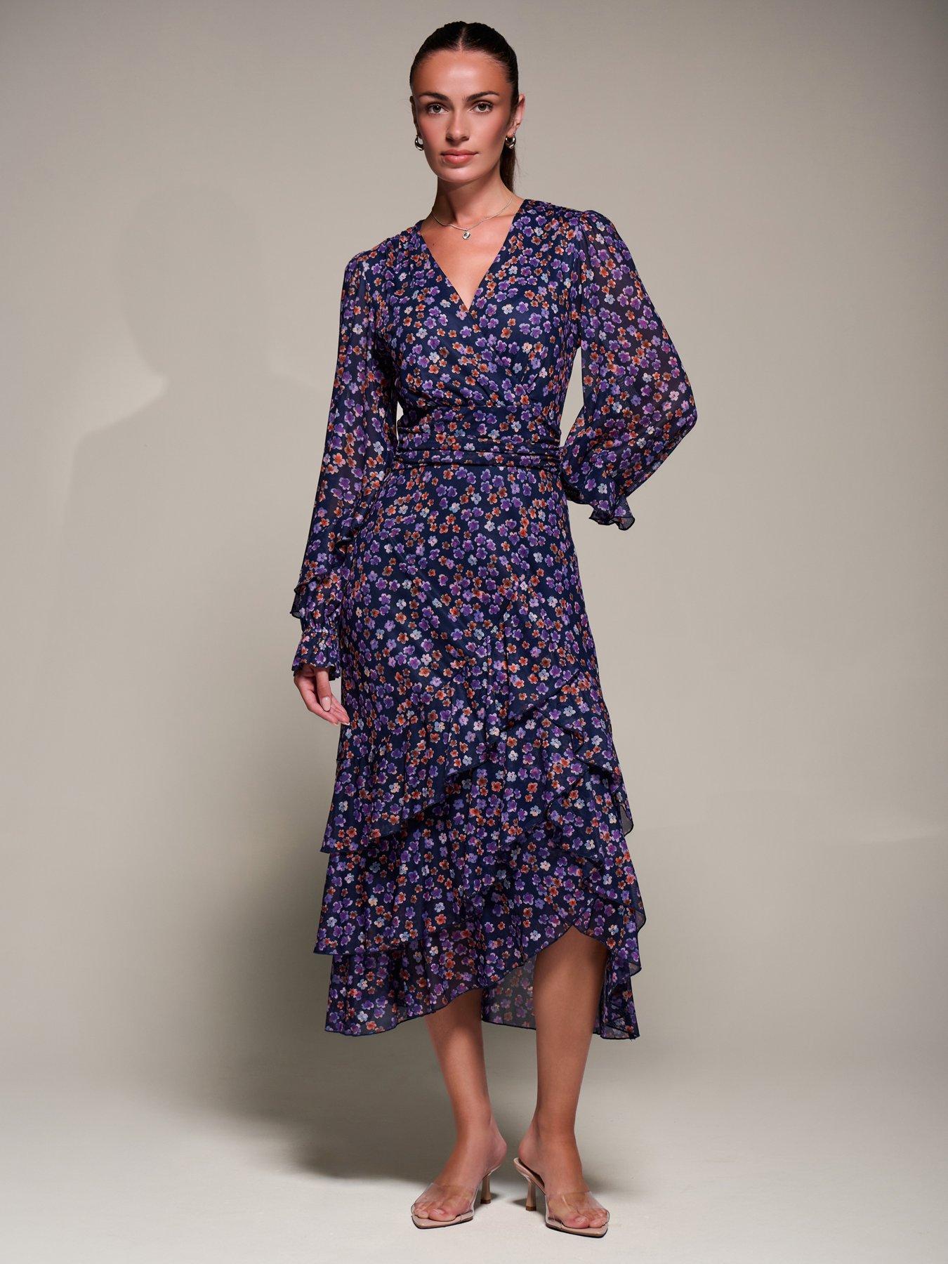 Image 5 of 7 of Jolie Moi Long Sleeve Frill Detail Mesh Maxi Dress - Navy