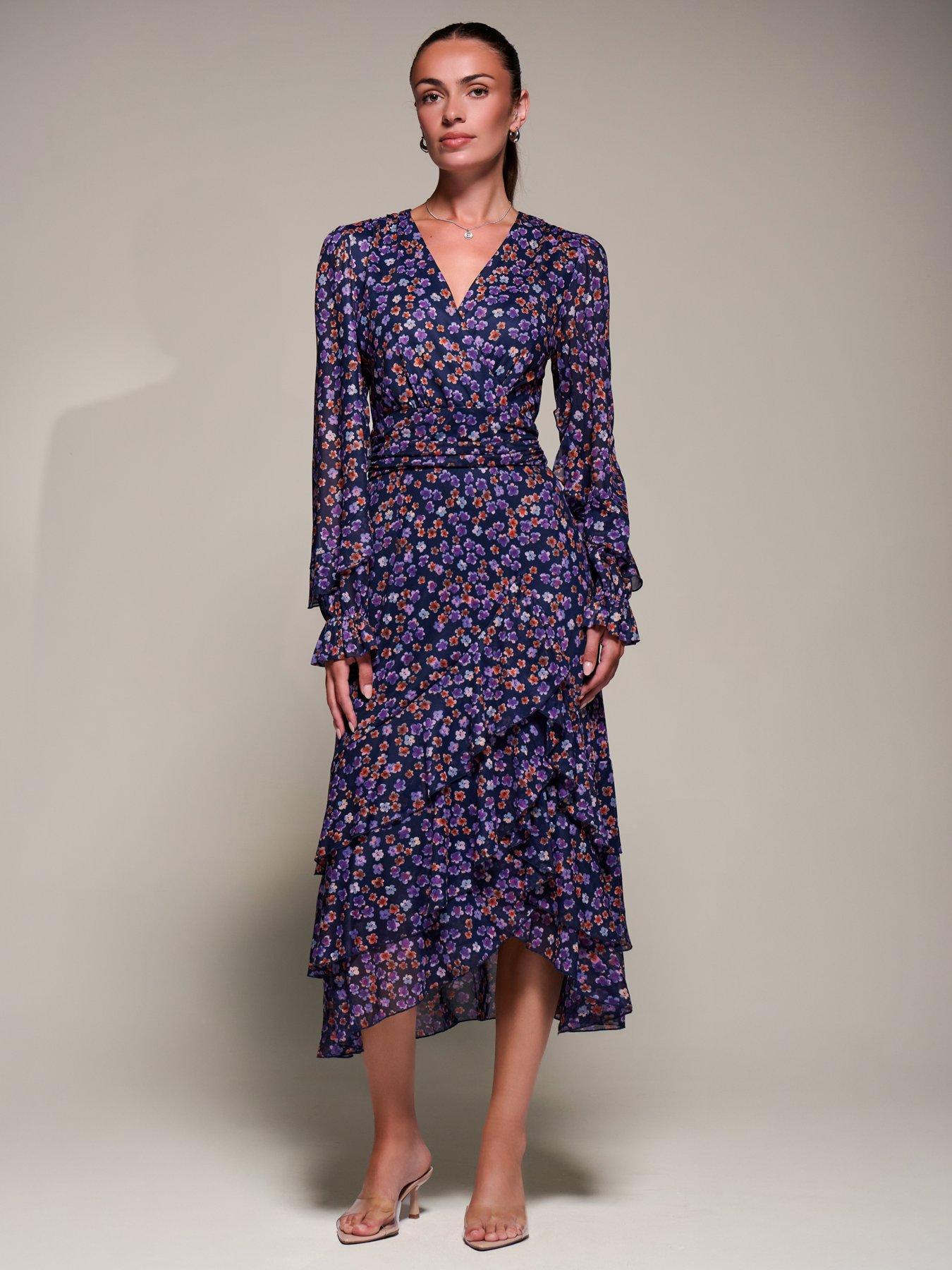 Image 6 of 7 of Jolie Moi Long Sleeve Frill Detail Mesh Maxi Dress - Navy