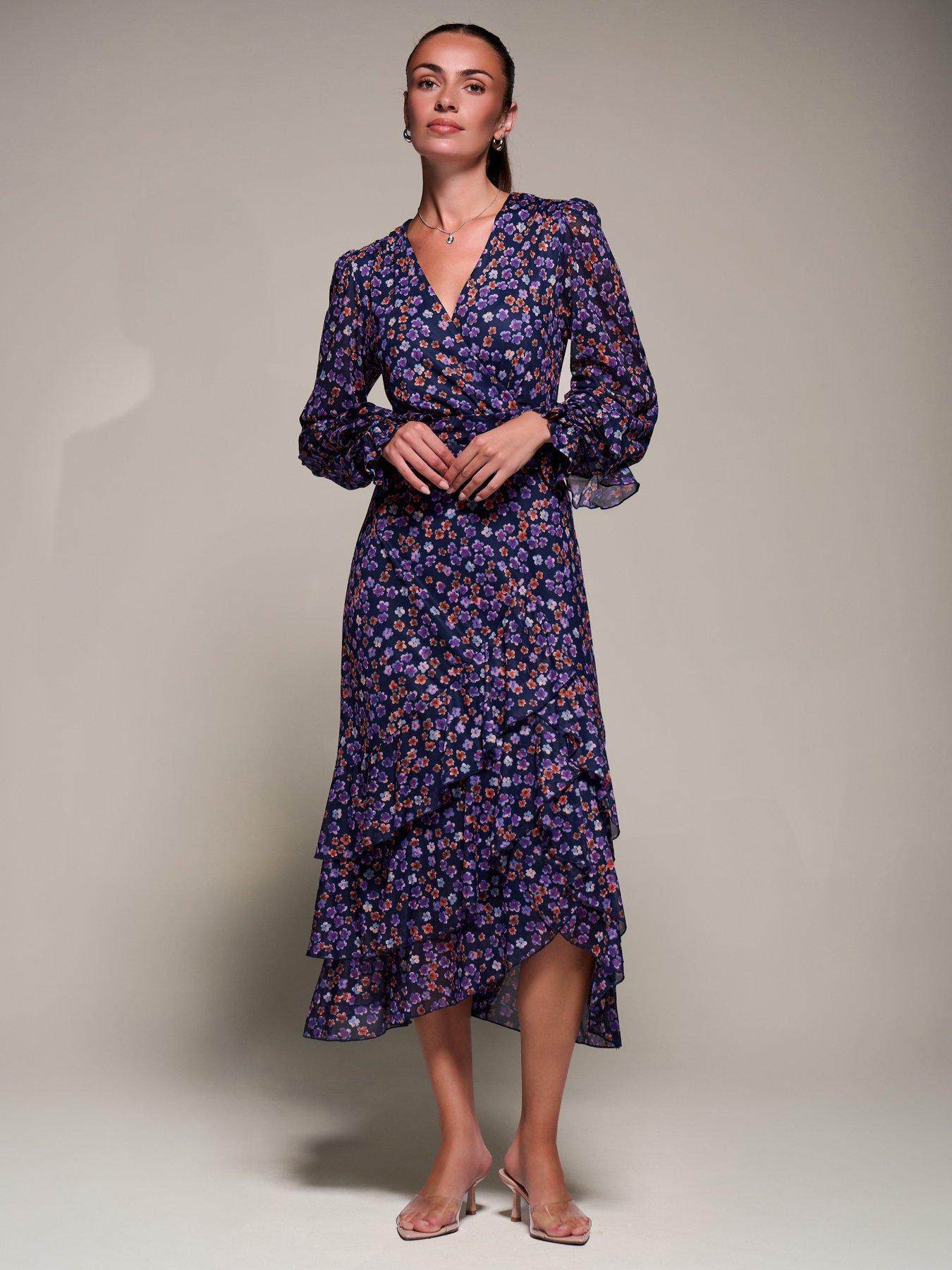 Image 7 of 7 of Jolie Moi Long Sleeve Frill Detail Mesh Maxi Dress - Navy