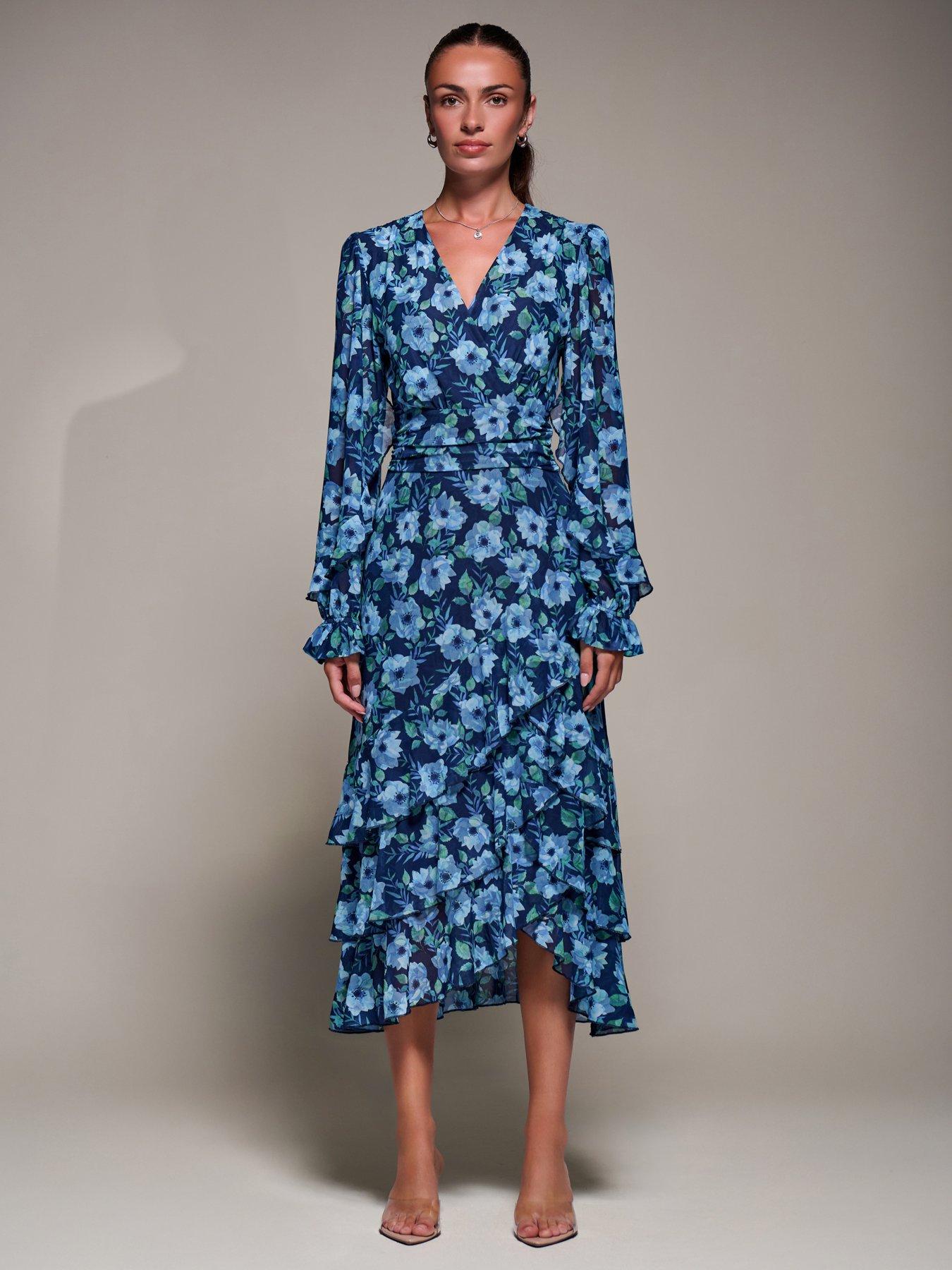 Jolie Moi Long Sleeve Frill Detail Mesh Maxi Dress - Blue