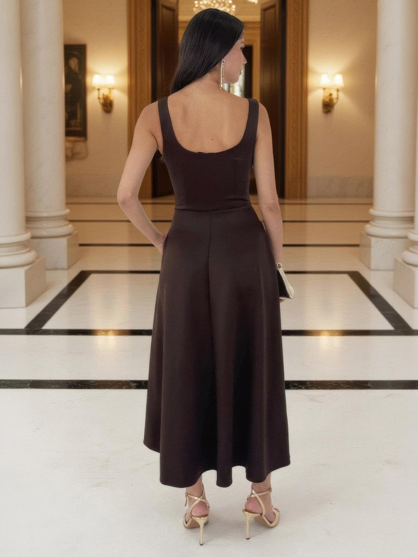 Image 2 of 4 of AX Paris Square Neck A-Line Midi Dress - Chocolate