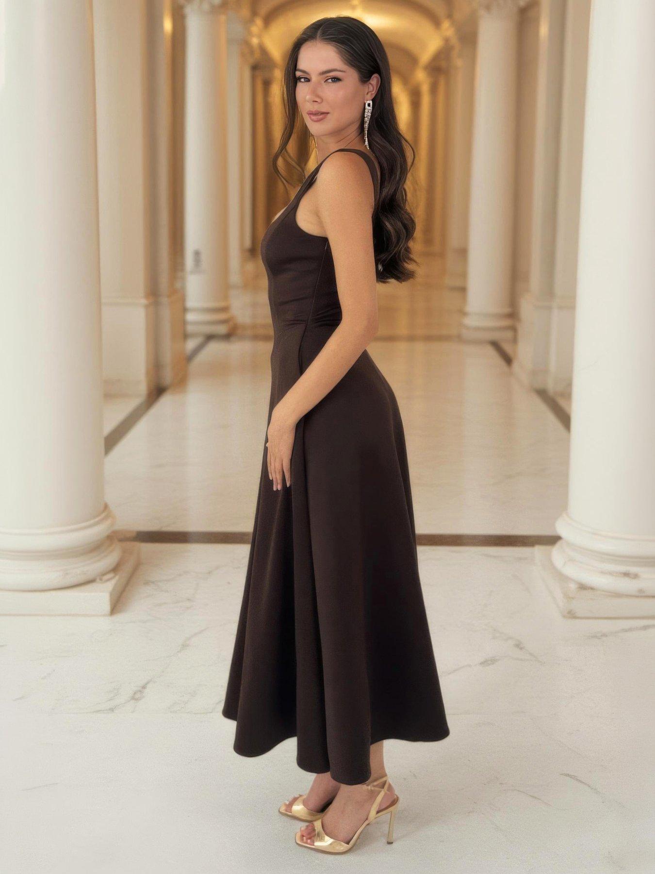 Image 4 of 4 of AX Paris Square Neck A-Line Midi Dress - Chocolate
