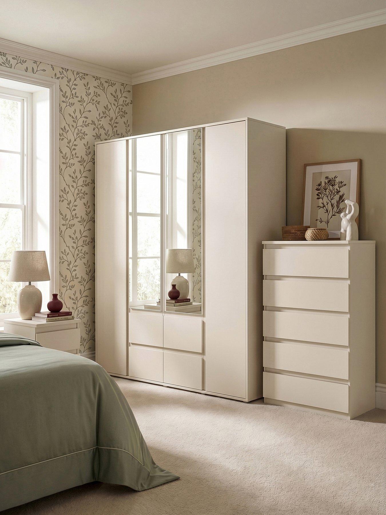 The Very Collection Lisson 3 Piece Package - 4 Door Mirrored Multi Wardrobe, 5 Drawer Chest and 2 Drawer Bedside Chest - Oatmeal