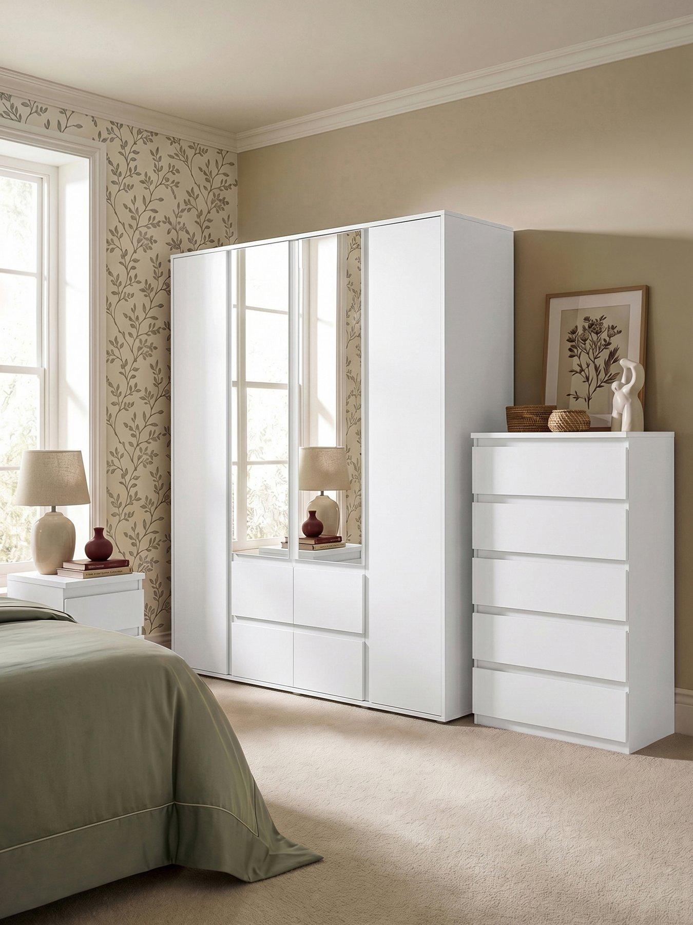 The Very Collection Lisson 3 Piece Package - 4 Door Mirrored Multi Wardrobe, 5 Drawer Chest and 2 Drawer Bedside Chest - White