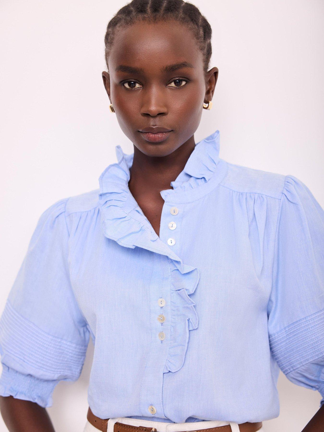 Image 2 of 6 of Mint Velvet Chambray Ruffle Blouse - Blue