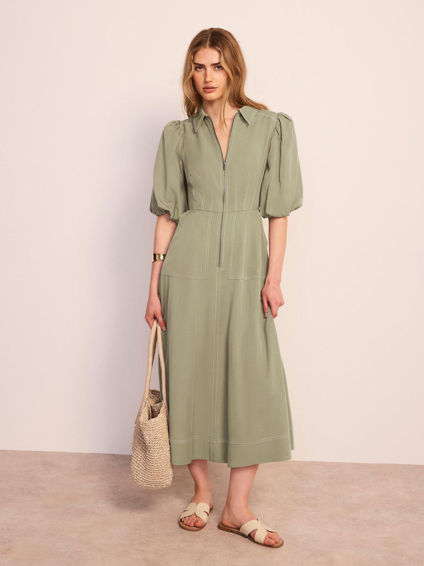 Mint Velvet Khaki Utility Zip Midi Shirt Dress - Green
