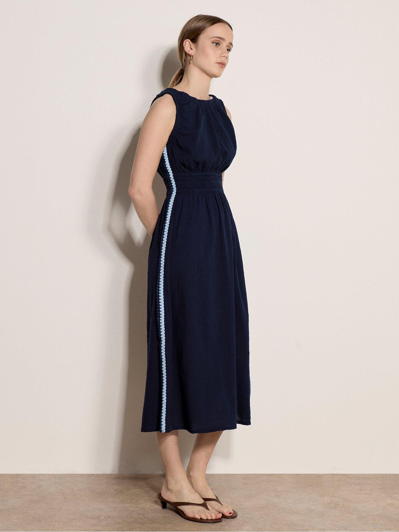 Apricot Knitted Crochet Trimsmock Detail Midi Dress - Blue