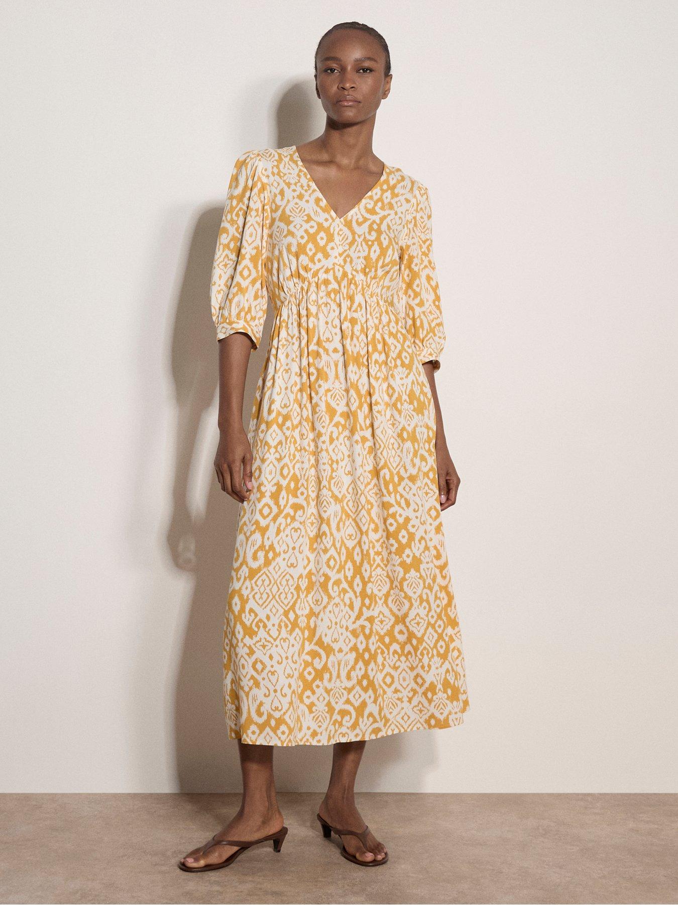 Image 1 of 4 of Apricot Tapestry Ikat Midi Dress - Yellow