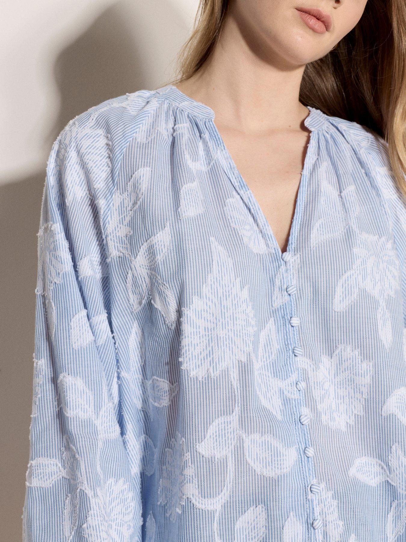 Apricot Jacquard Stripe Open Neck Romantic Blouse - Blue