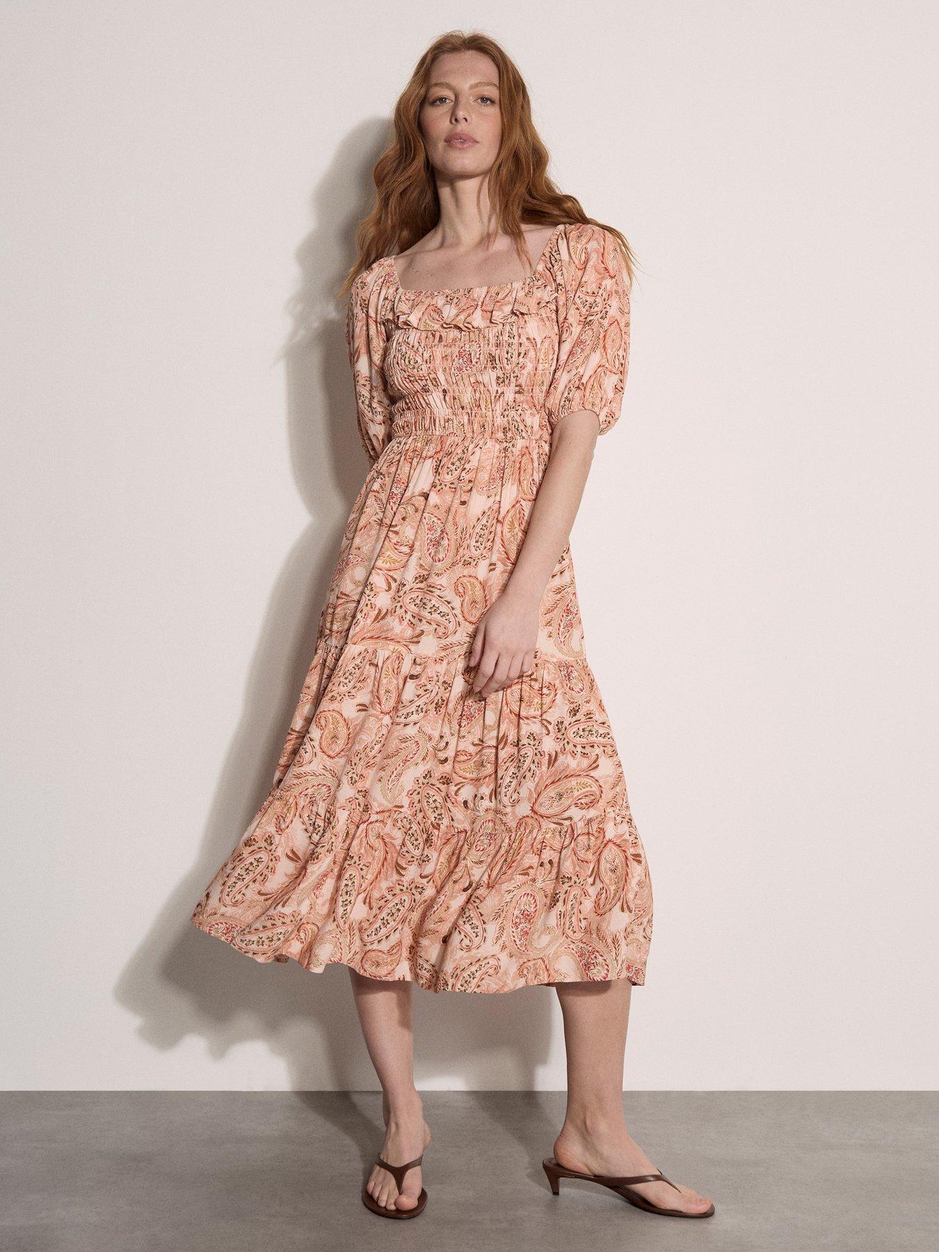 Apricot Tonal Paisley Milkmaid Dress - Pink
