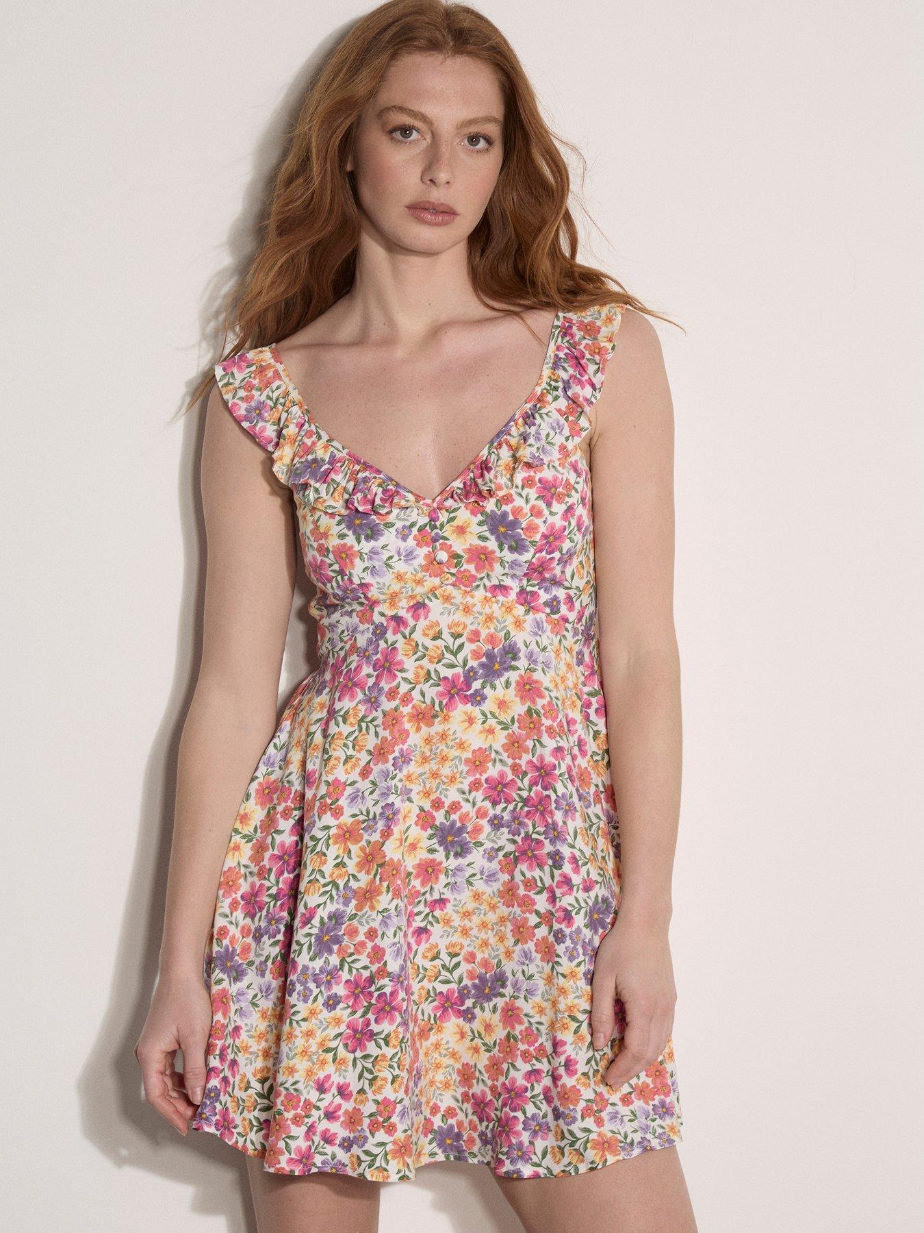Apricot Floral Patchwork Ruffle Mini Dress - Cream