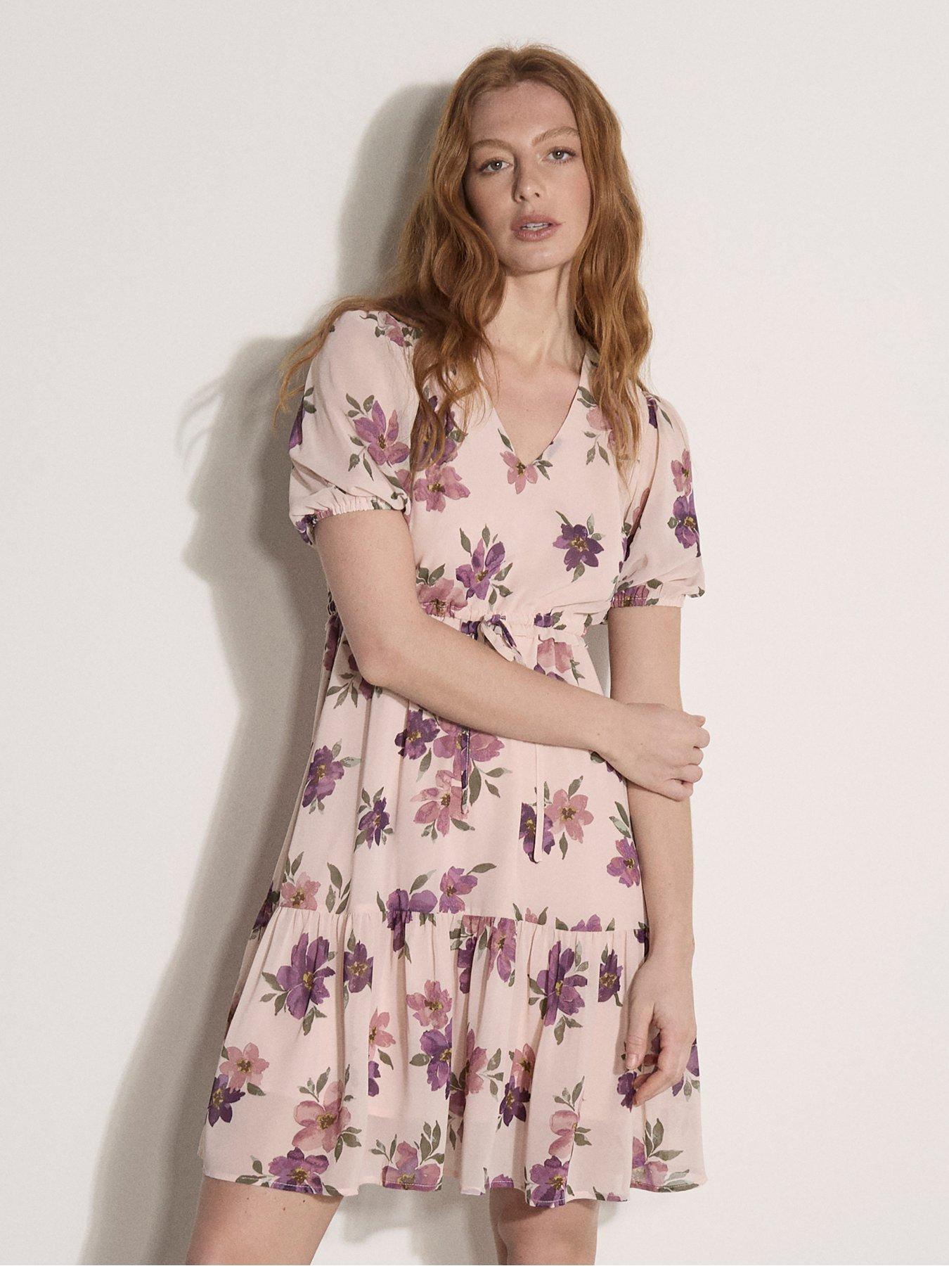 Apricot Rose Pairs Tie Thru Chiffon Dress - Pink