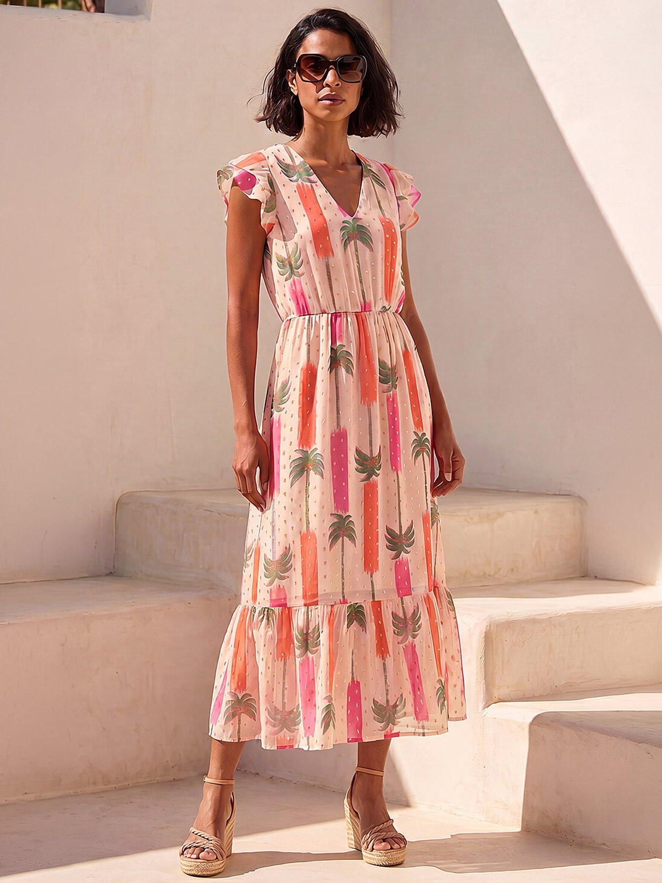 Roman Dusk Palm Shimmer Frill Maxi Dress