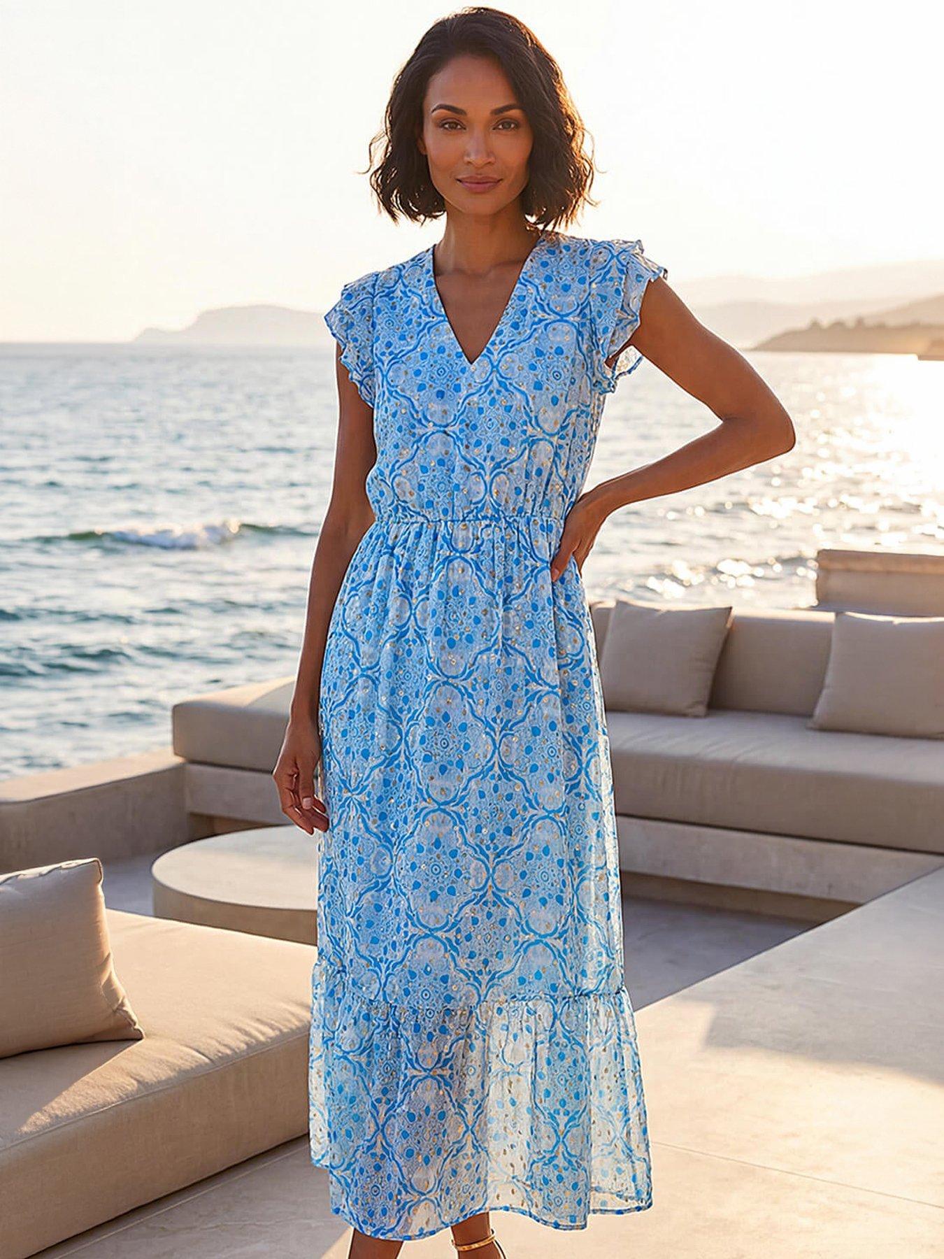 Roman Dusk Tile Shimmer Frill Maxi Dress