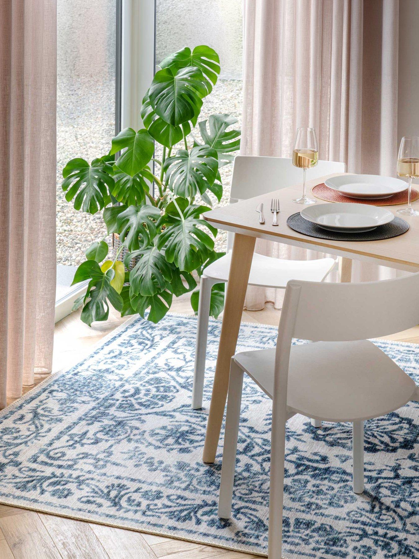 Image 1 of 4 of Kukoon Flatwoven Washable Distressed Blue Damask Rug - Bala