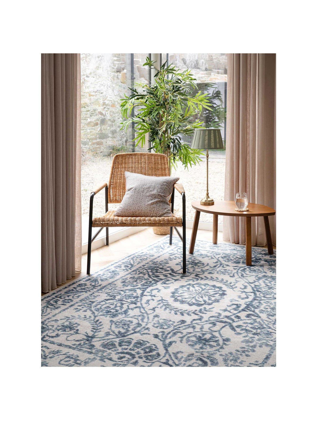 Image 2 of 4 of Kukoon Flatwoven Washable Distressed Blue Damask Rug - Bala