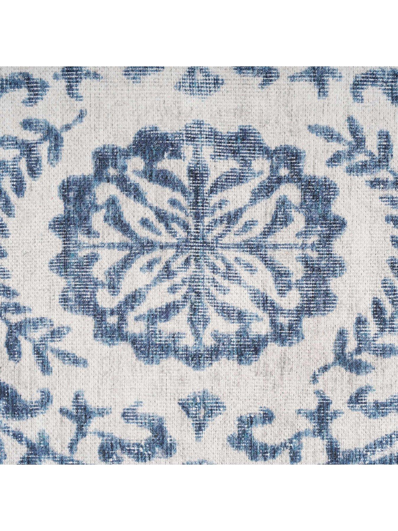Image 3 of 4 of Kukoon Flatwoven Washable Distressed Blue Damask Rug - Bala