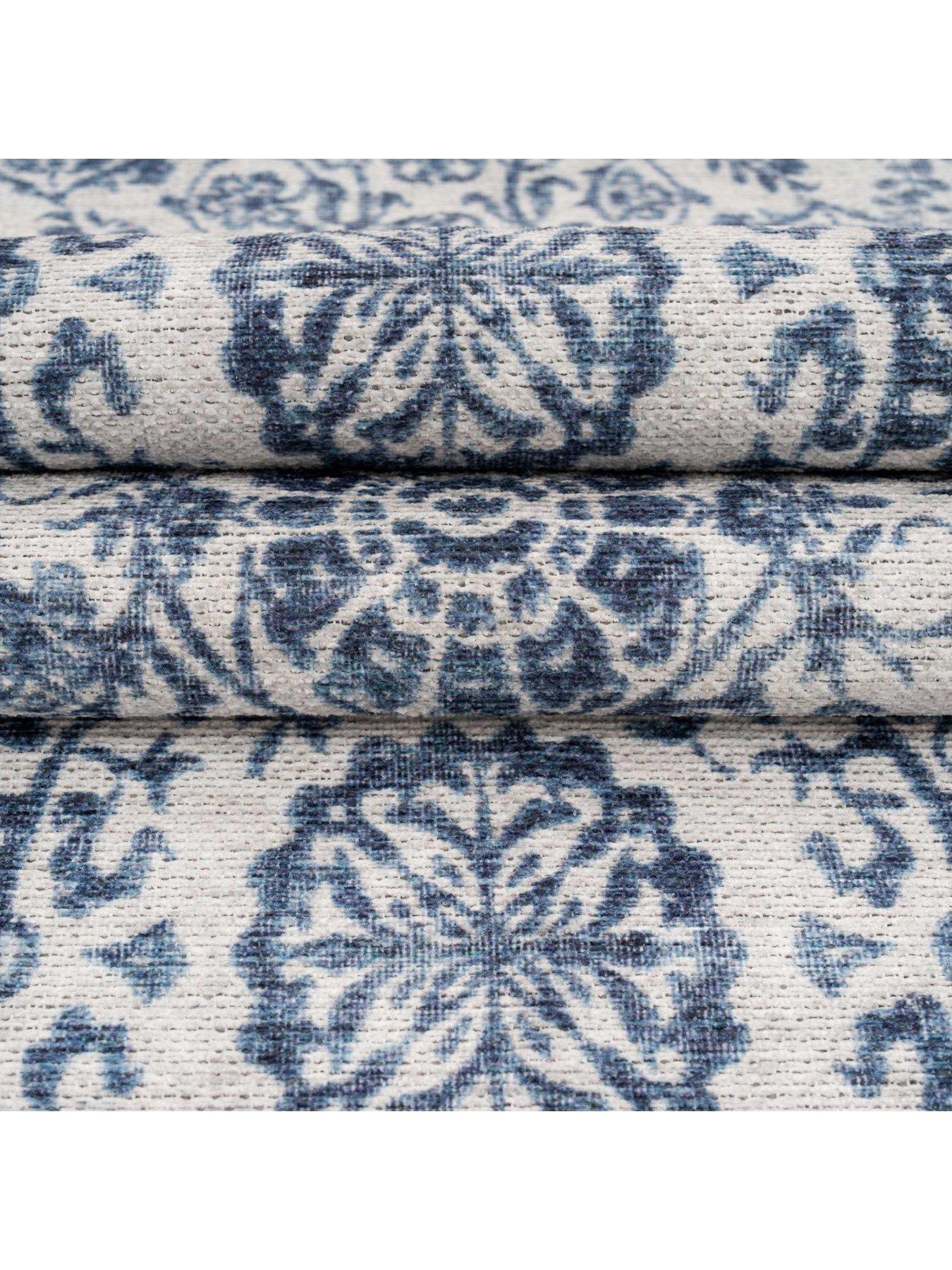 Image 4 of 4 of Kukoon Flatwoven Washable Distressed Blue Damask Rug - Bala