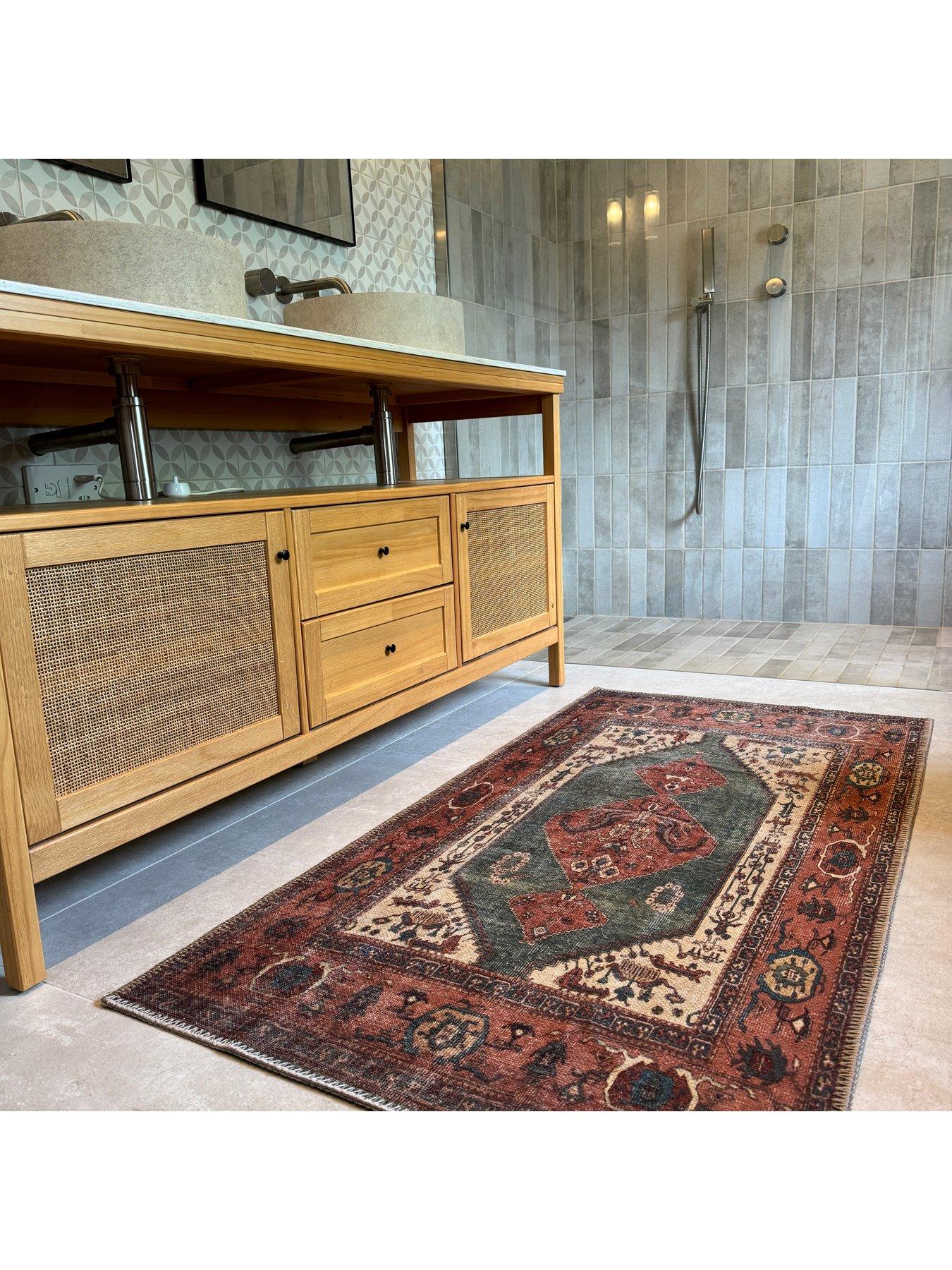 Image 3 of 5 of Kukoon Flatwoven Washable Distressed Terracotta Green Boho Rug - Faro