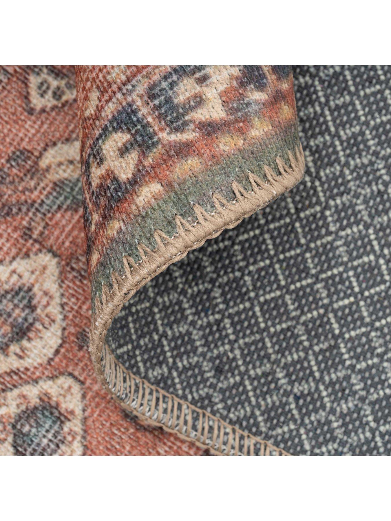 Image 5 of 5 of Kukoon Flatwoven Washable Distressed Terracotta Green Boho Rug - Faro