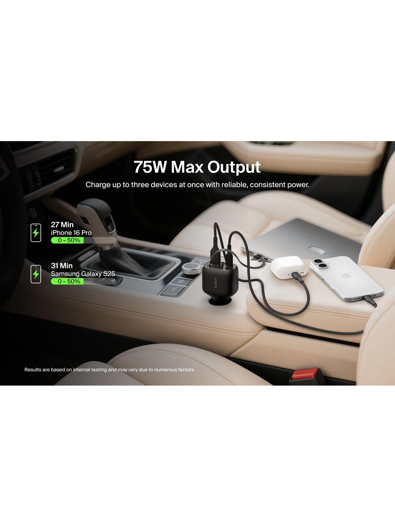 Image 2 of 6 of Belkin 75W Car Charger with Retractable USB-C Cable - Black