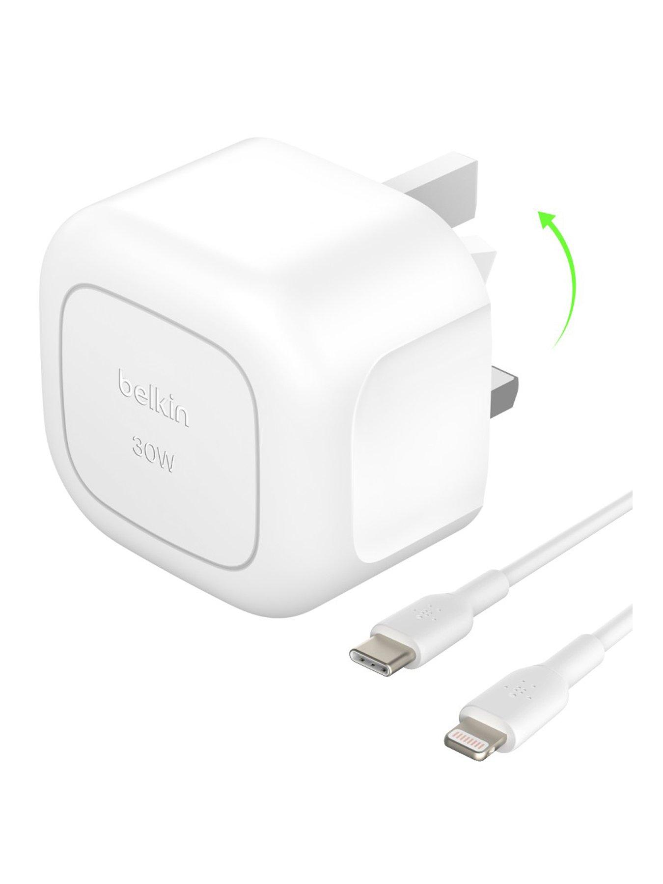 Belkin 30W USB-C Mains Charger, Folding Pins + Lightning Cable, White