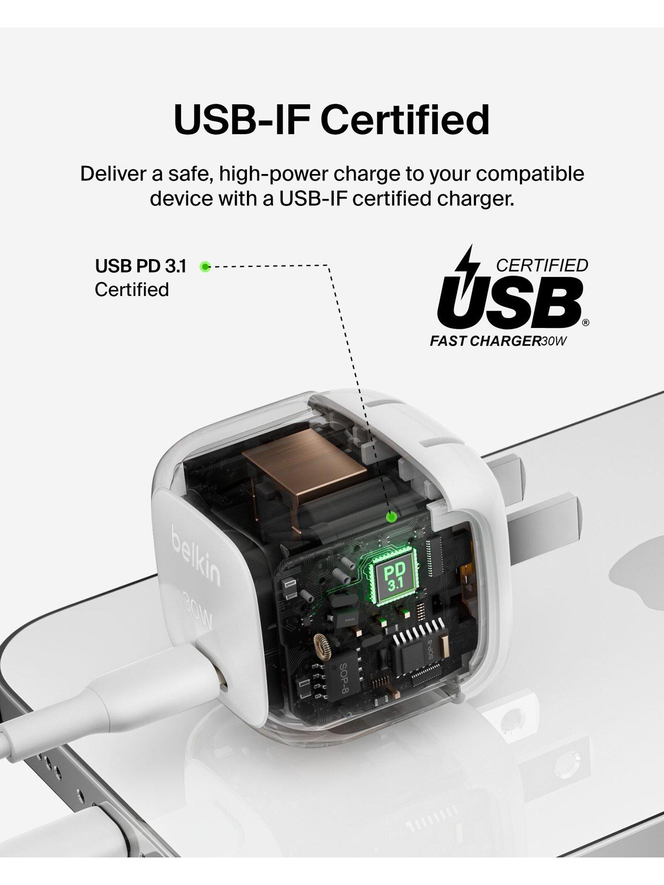 Image 3 of 5 of Belkin 30W USB-C Mains Charger, Folding Pins + Lightning Cable, White
