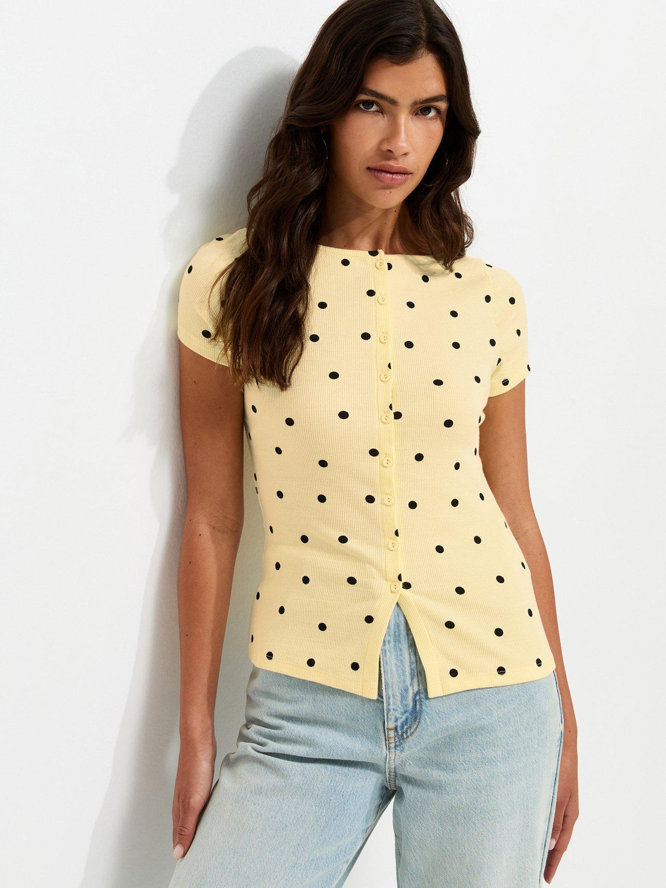 New Look Spot Print Button Through Baby Tee T-Shirt - Yellow