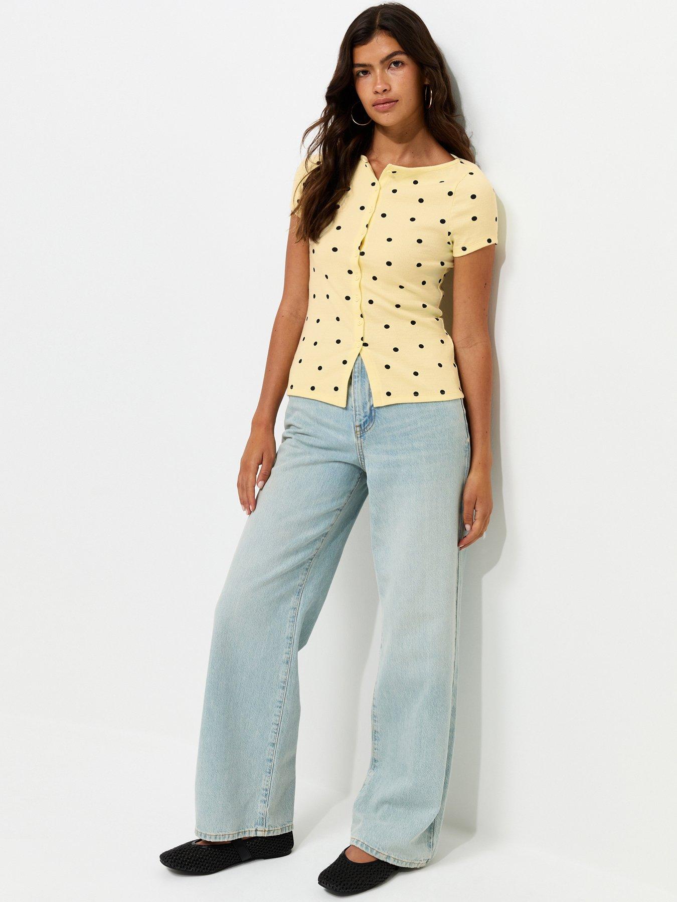 Image 3 of 5 of New Look Spot Print Button Through Baby Tee T-Shirt - Yellow