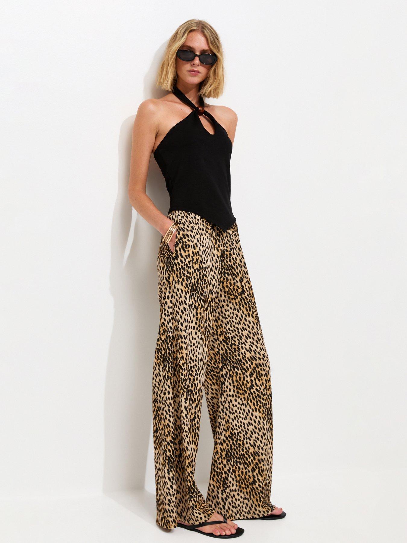 Image 1 of 4 of New Look Animal Print Wide Leg Trousers - Brown