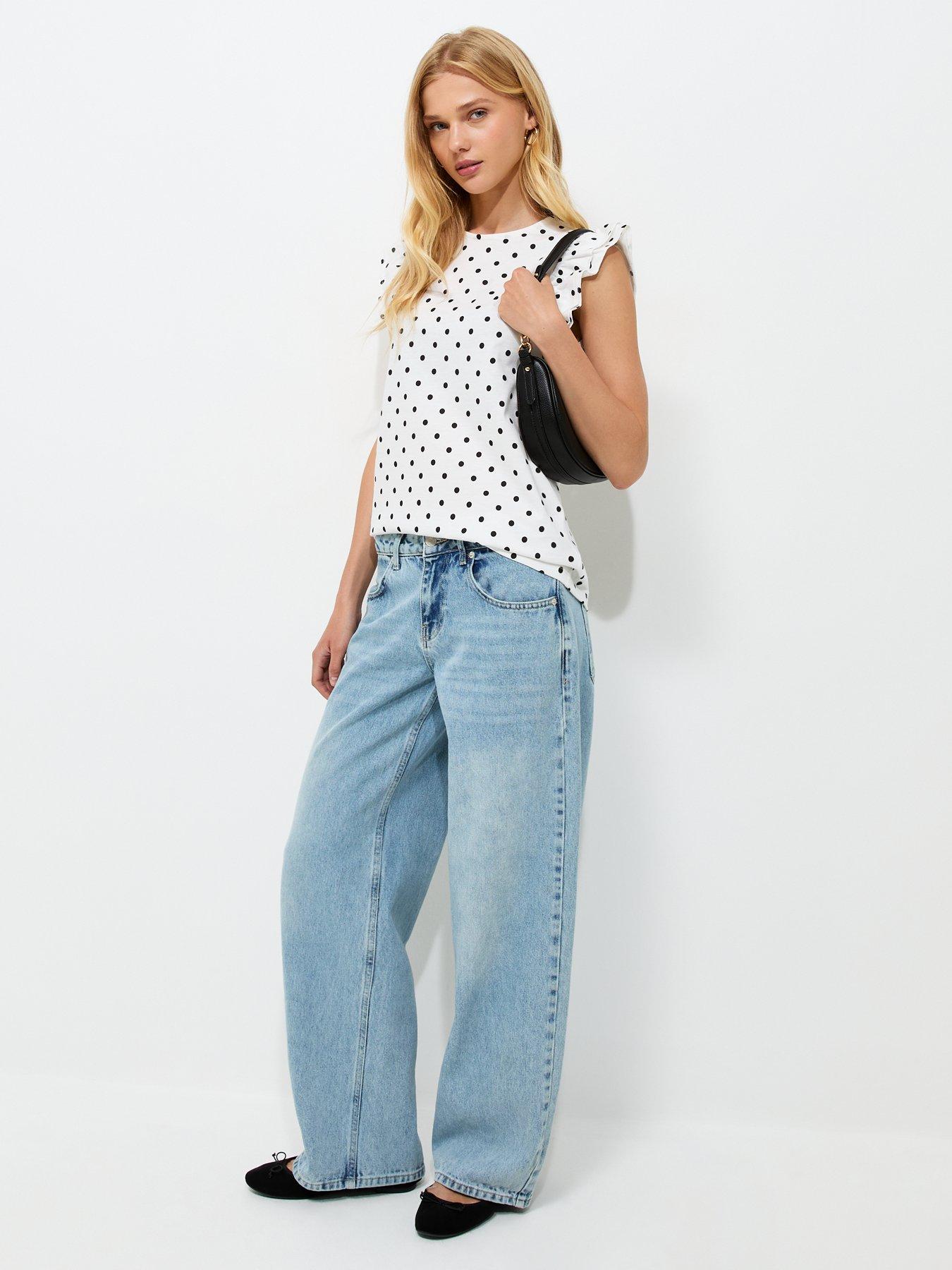 Image 3 of 5 of New Look Cotton Polka Dot Ruffled Sleeve T-Shirt - White