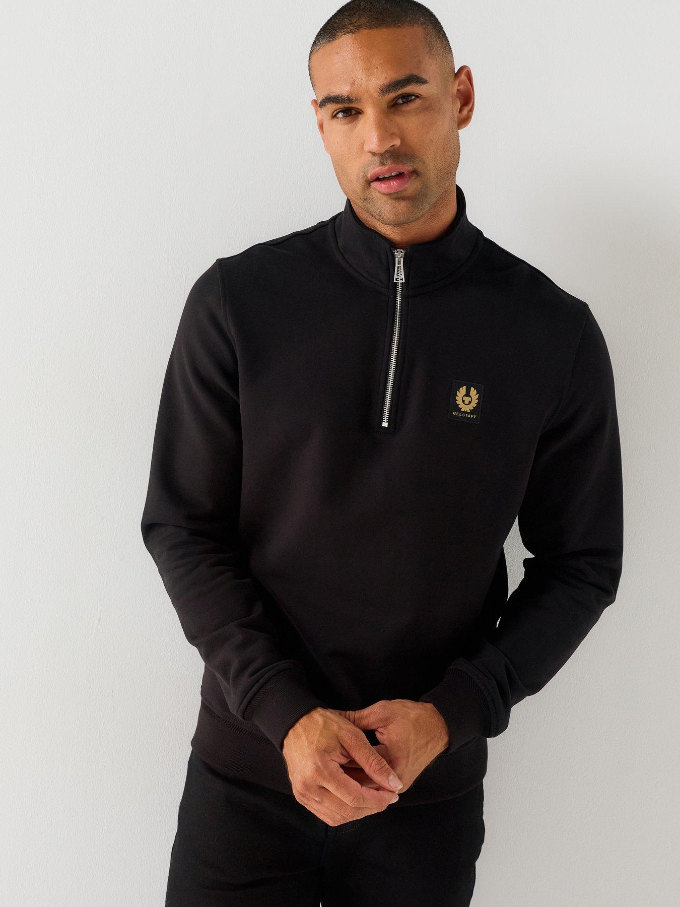 Belstaff Men's Regular Fit Quarter Zip Sweatshirt with Chest Logo Patch - Black