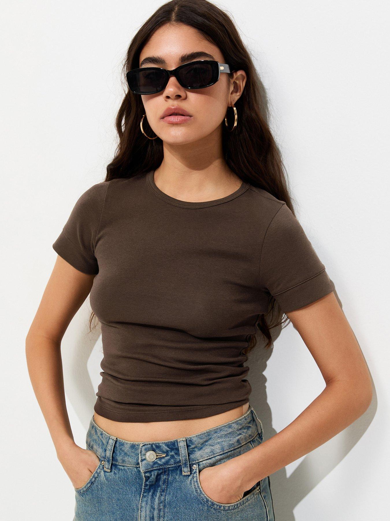 New Look Cotton Rich Deep Cuff Fitted Crew Neck T-Shirt - Brown