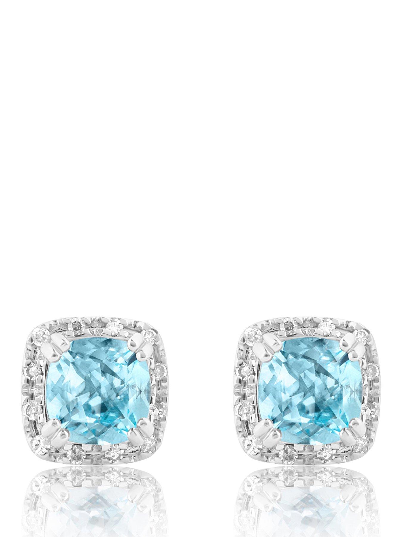 Love DIAMOND Platinum Plated Sky Blue Topaz Cushion Diamond Halo Stud Earrings