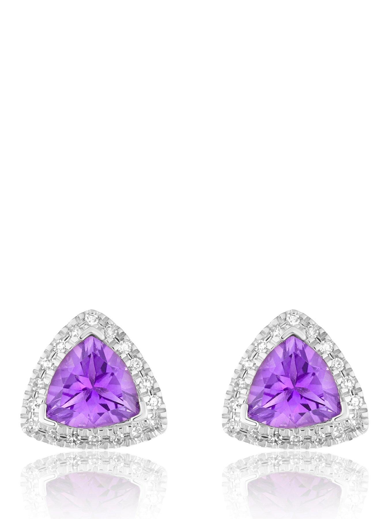 Love DIAMOND Platinum Plated Amethyst Trillion Cut Diamond Halo Stud Earrings