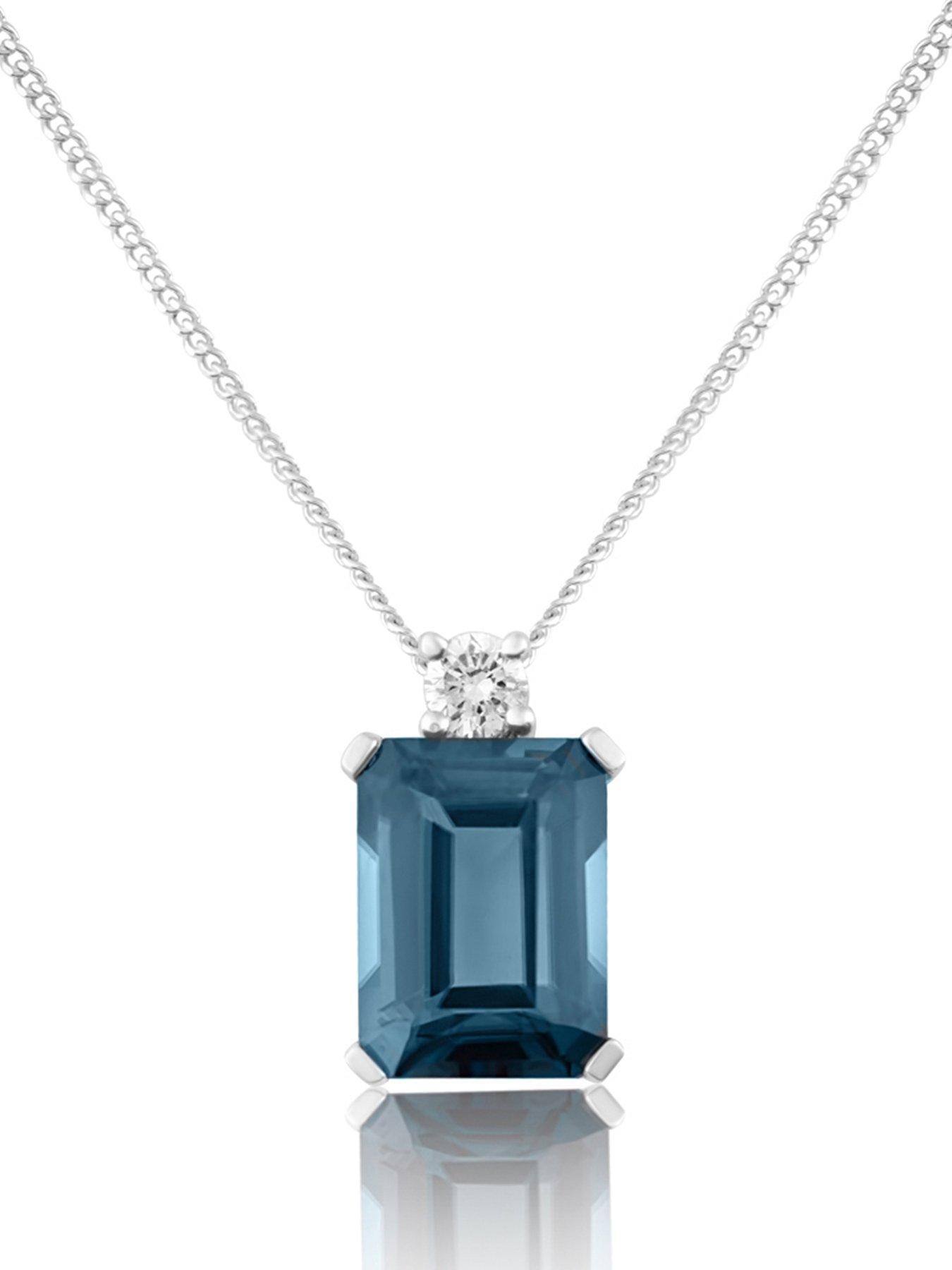 Love DIAMOND Platinum Plated London Blue Topaz Emerald Cut Lab Grown Diamond Pendant Necklace