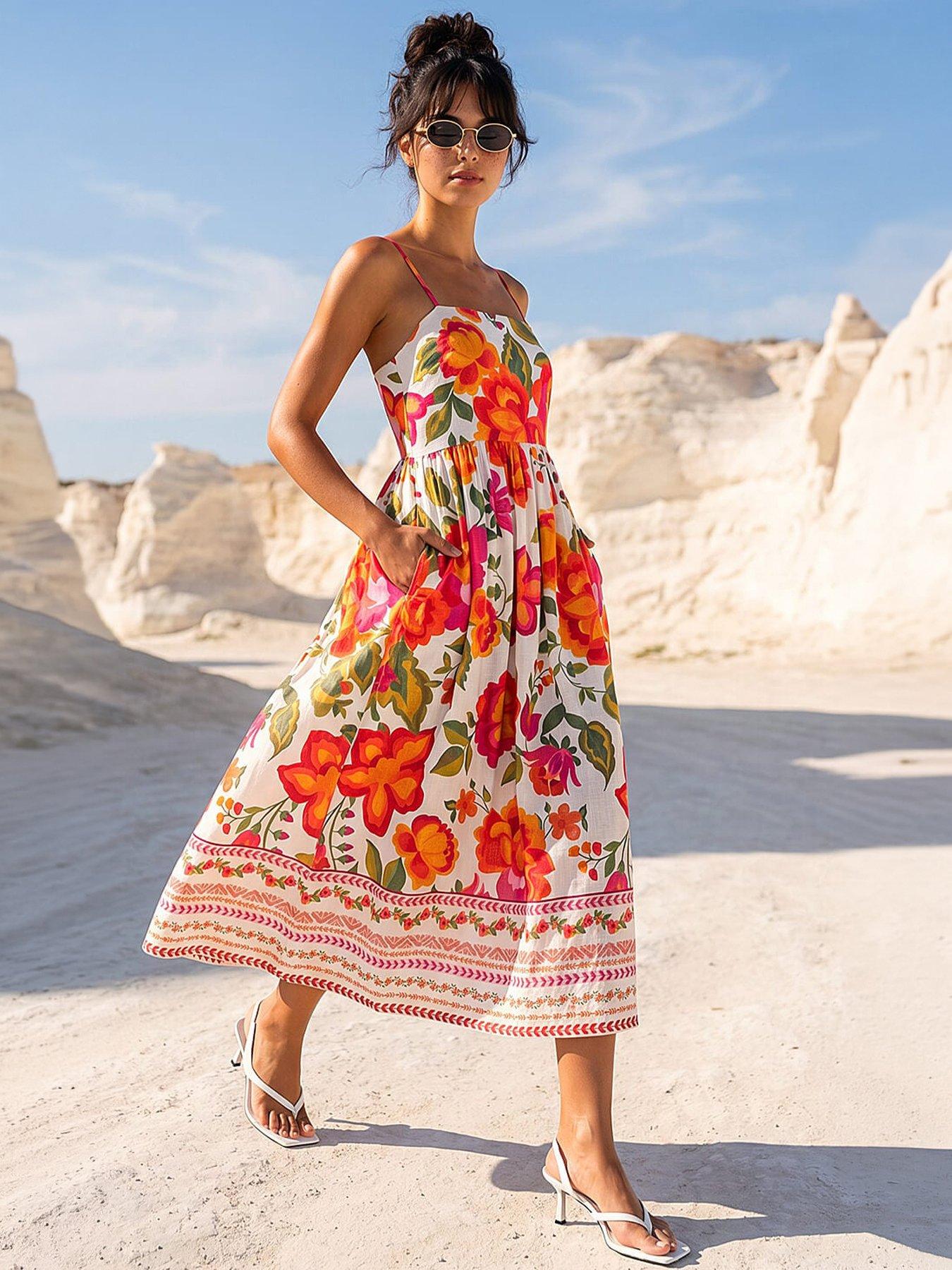 Image 1 of 4 of Roman Dusk Cotton Floral Border Midi Dress