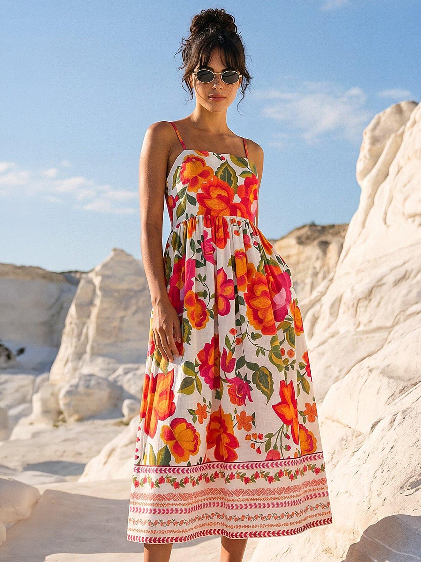 Image 4 of 4 of Roman Dusk Cotton Floral Border Midi Dress