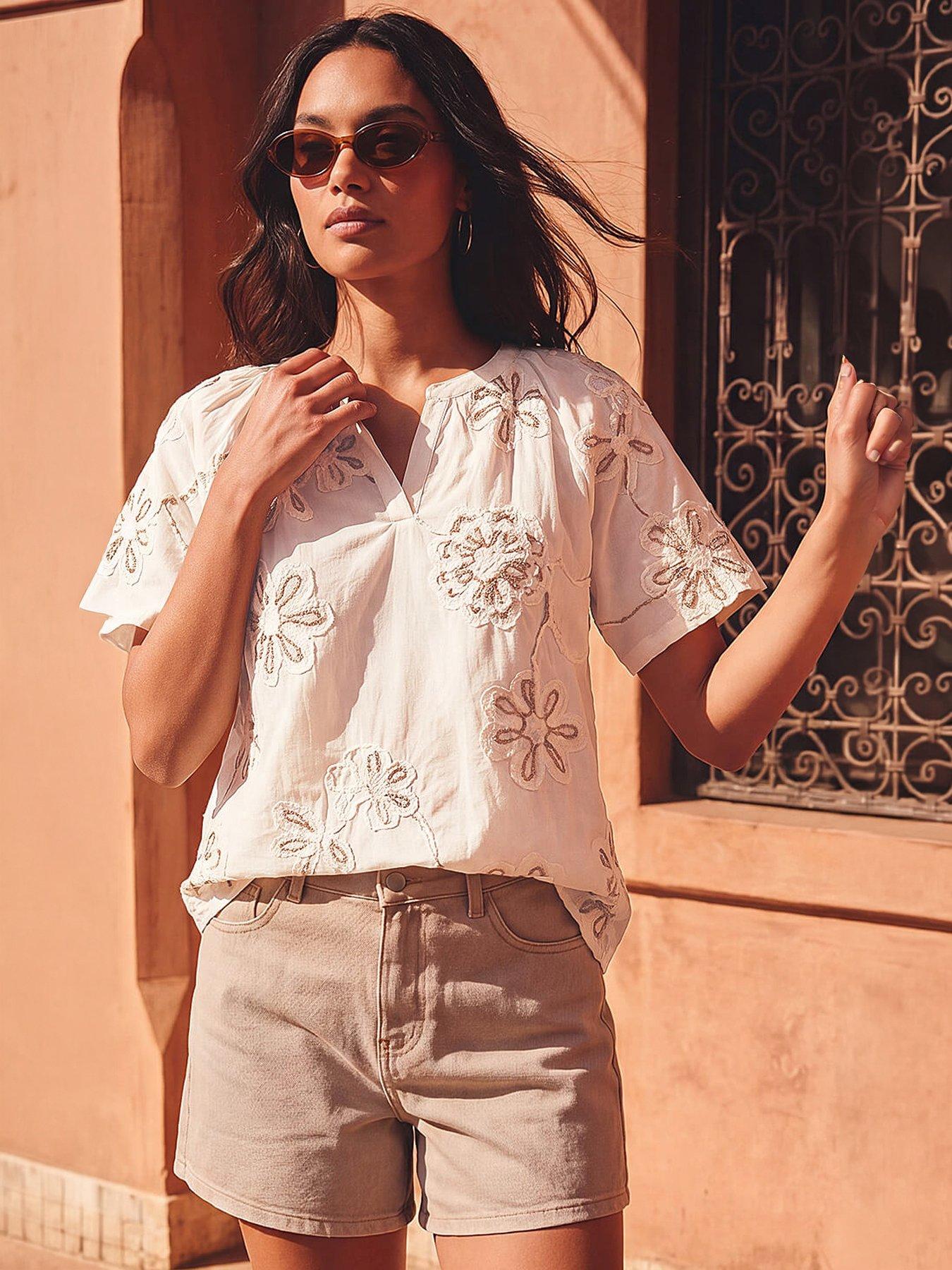 Roman Floral Embroidered Cotton Tunic Top