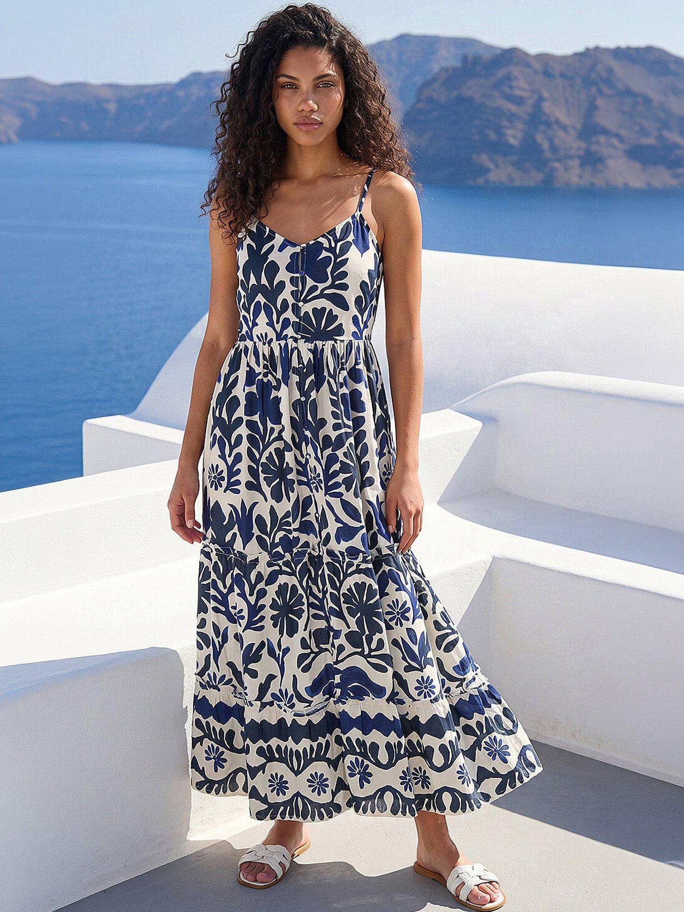 Roman Petite Print Strappy Button Midi Dress